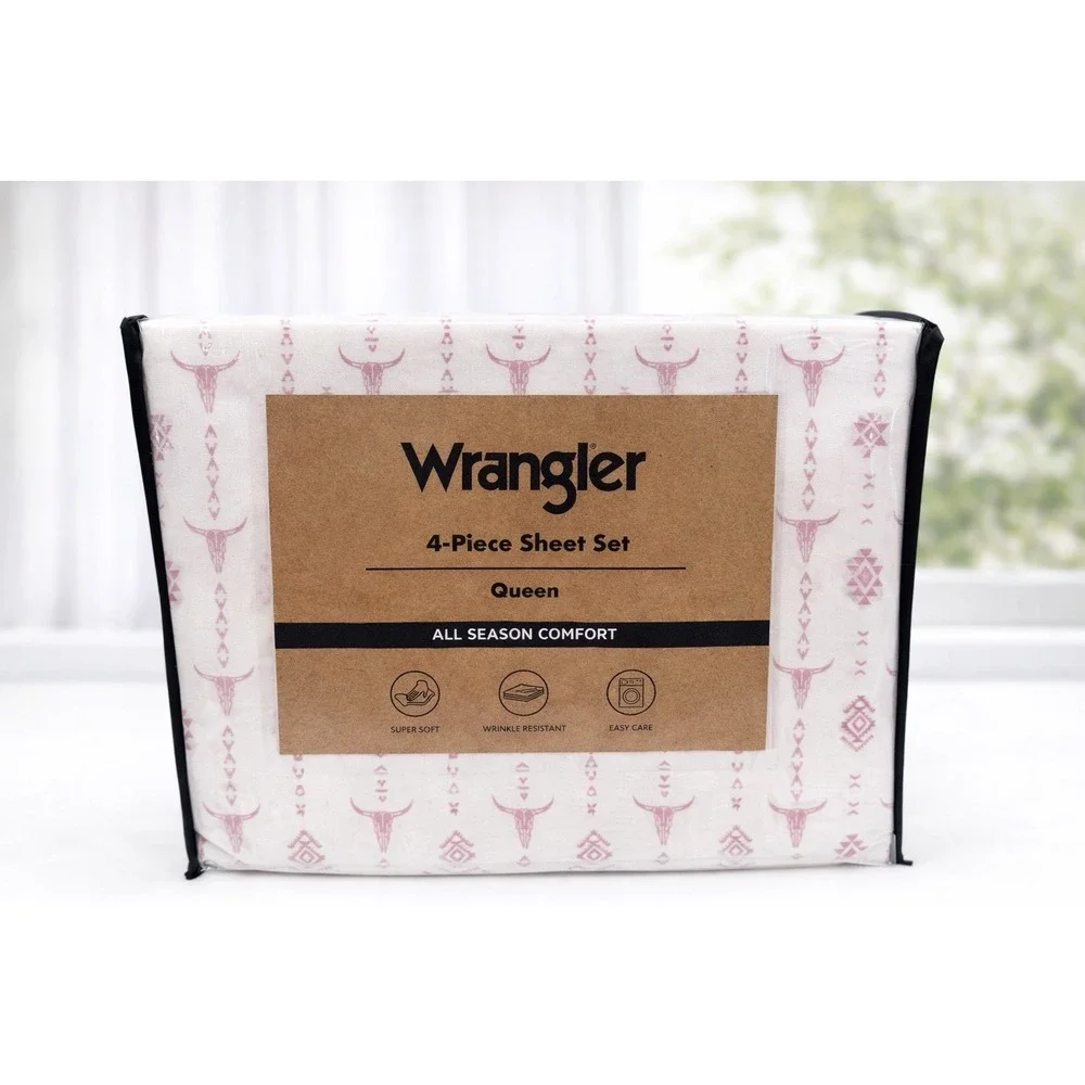 Wrangler 4 Pc Sheet Set Queen Steer Head Stripe Pink White Western‎ Farmhouse